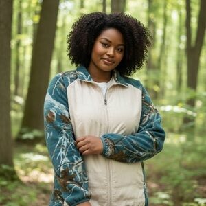 Camouflage Forest Print Zip up lightweight jacket Beige & Teal Sz 2X #1916